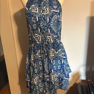 Parker Blue and White Paisley Mini Halter Dress